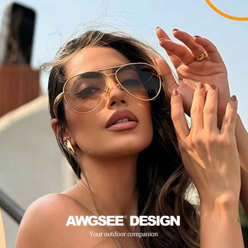 Lunettes d'aviateur surdimensionnées pour femmes – Monture dorée vintage avec verres champagne, bras émerillons dorés sexy, style rétro chic