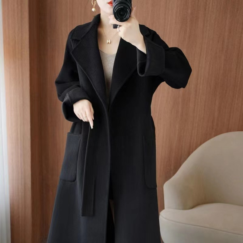Manteau en laine 100% pour femme, vêtement de tempérament, Double face, en cachemire avec ceinture, pardessus Long élégant, mode automne/hiver 2024