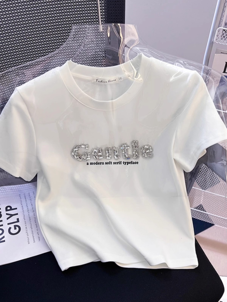 T-Shirt à manches courtes pour femmes, haut en coton, broderie lourde, taille cintrée, épaule plissée sur le côté, Slim Fit, nouveau chemisier d'été