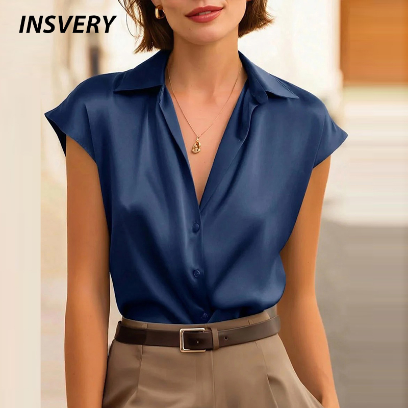 Chemisier d'été en soie pour femme, élégant, nouveau style, à manches courtes, avec boutons, couleur unie, pour le bureau