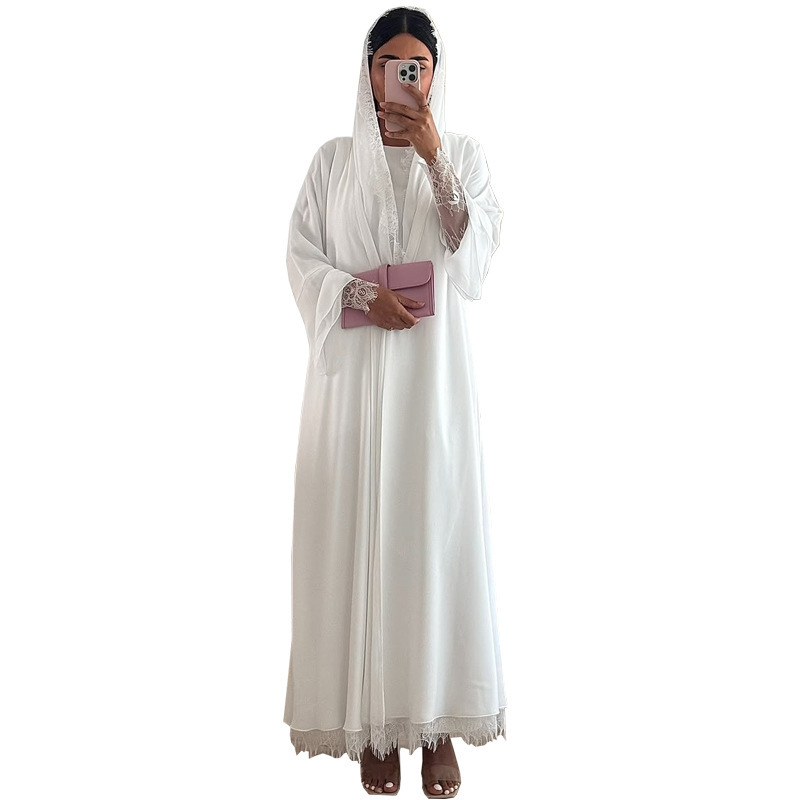 Abaya ouverte en mousseline blanche pour femmes musulmanes, luxe Dubaï 2026, ensemble robe hijab à manches en dentelle, Kaftan long modeste pour l'Aïd et le Ramadan, robe de soirée