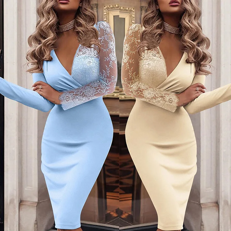 Robe de Soirée en Dentelle à Manches sulfet Col en V Profond pour Femme, Tenue de Bal Élégante, Sexy, Éducative, Printemps et Automne