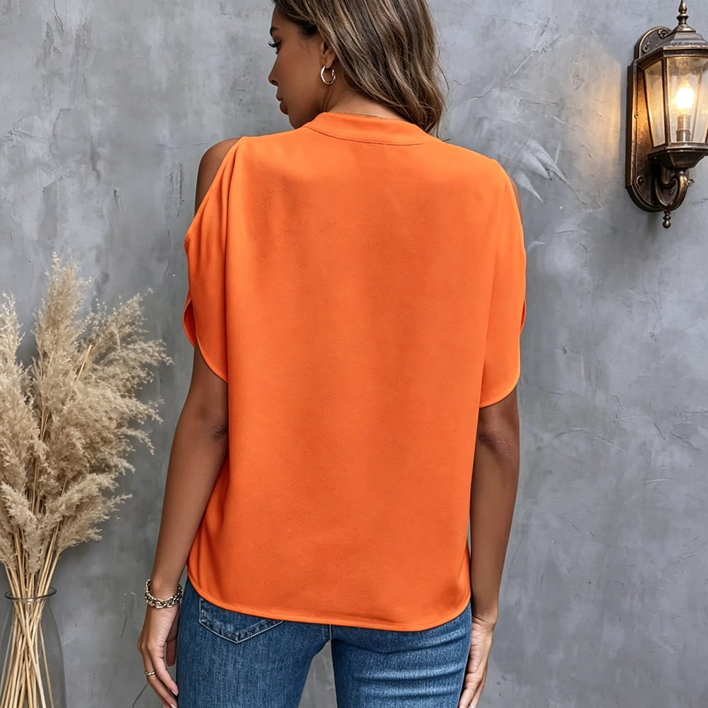 Chemise élégante à manches courtes pour femme - Couleur unie, col cranté, style européen et américain ample, haut polyvalent