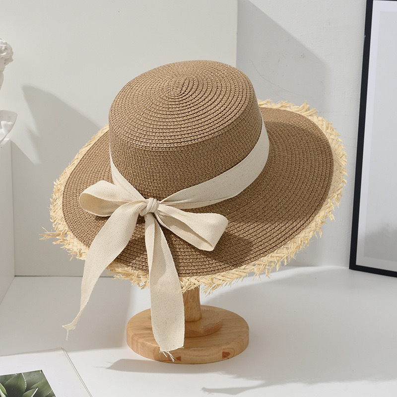Chapeau de plage japonais tout bord poilu casquette de paille femme été plat haut sortie chapeau de soleil petit nœud frais pare-soleil chapeau de plage