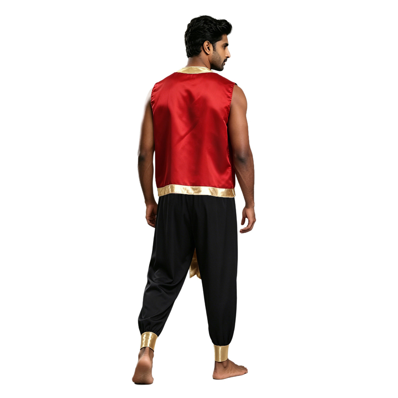 Costume de cosplay de prince arabe pour homme, tenue d'Halloween, veste ouverte sur le devant avec garniture métallique brillante et pantalon long à ceinture