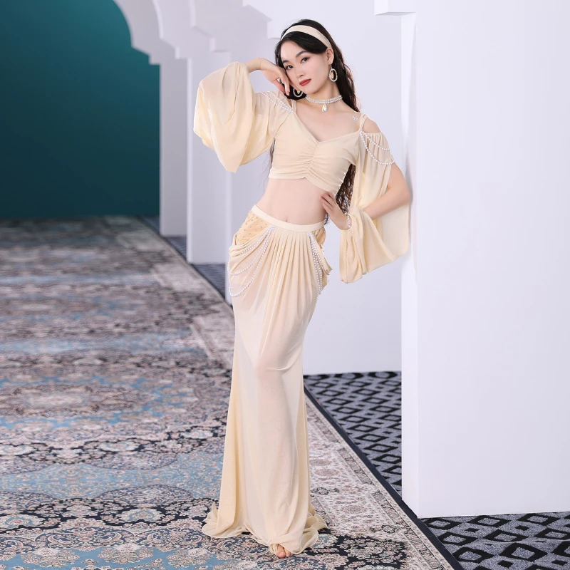 Costume de danse du ventre sexy pour femme, manches longues, haut et jupe, entraînement, trempée, performance, ensemble financièrement, surintendant de danse, tenue PE, 2 pièces