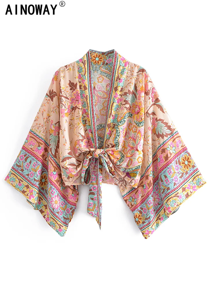 Kimono court imprimé floral paon pour femme, manches chauve-souris, coton rayonne, mode vintage, robe de plage pour femme, bikini Boho, couvertures