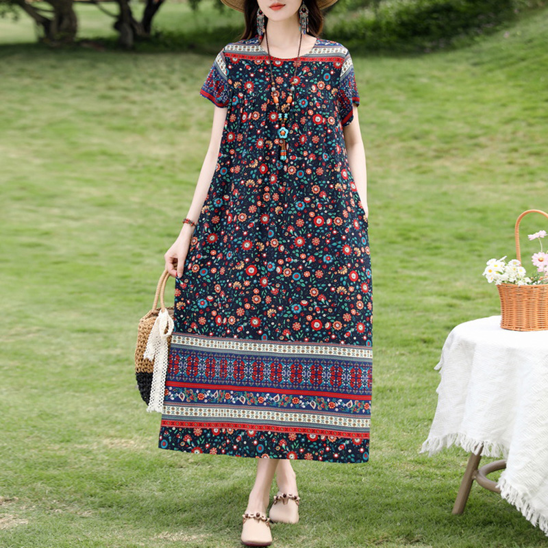 Nouvelle mode décontractée 2025 été robes élégantes pour les femmes col rond imprimé Vintage à manches courtes robe en vrac femmes vêtements