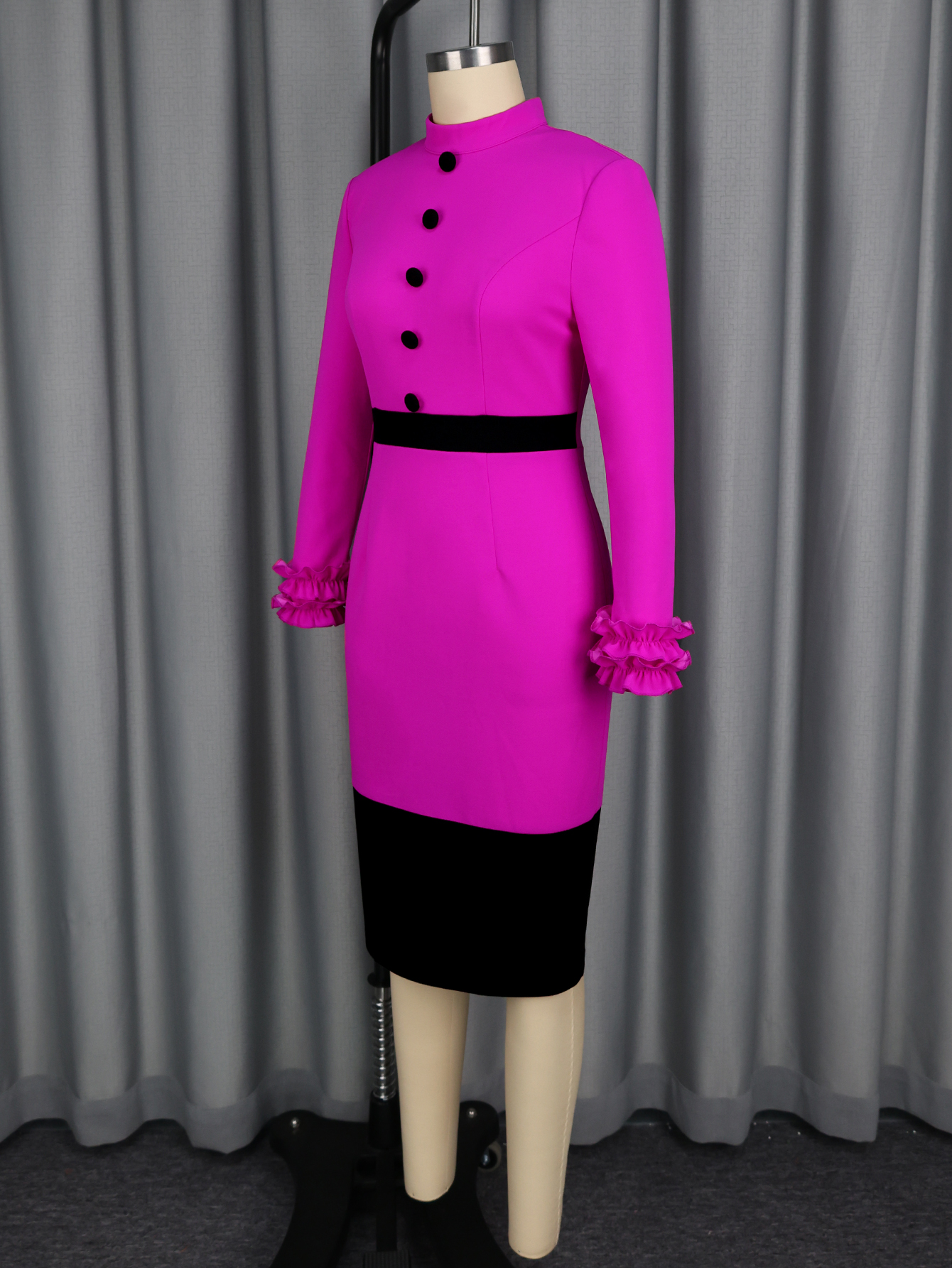 Robes d'église élégantes pour femmes, col mi-haut, volants, boutons, bloc de couleurs, Midi, bureau, fête, manches longues, robes d'automne