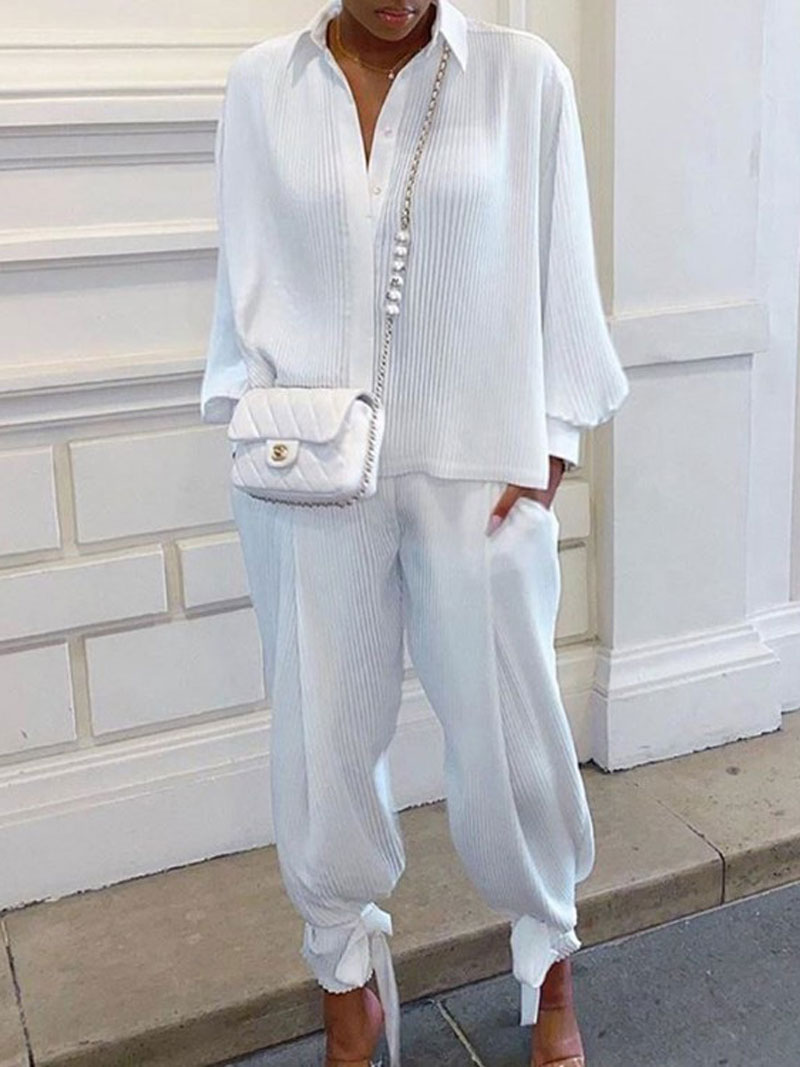 Ensemble chemise et pantalon pour femmes, classique, couleur unie, décontracté, ample, manches longues, revers, taille élastique, costume deux pièces, nouvelle tenue de rue d'été 2025