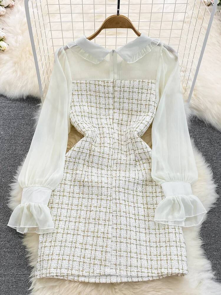 Mode coréenne femmes laine Tweed robe automne hiver Plaid Tweed Patchwork en mousseline de soie à manches longues une ligne élégante robe courte