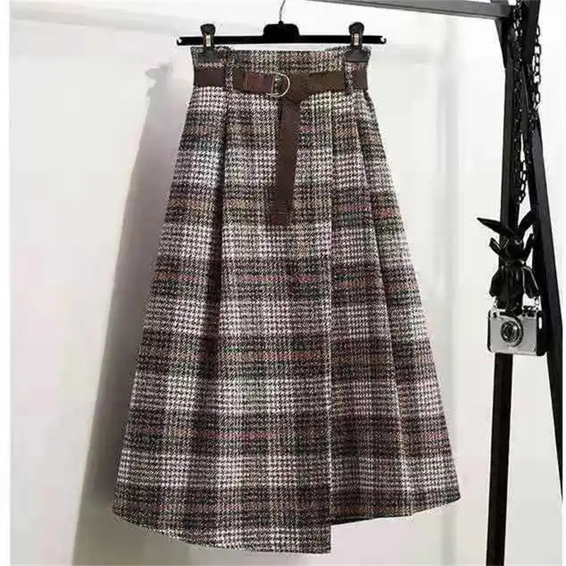 Femmes coréennes mode loisirs Plaid laine jupe automne hiver nouvelle taille haute mi-longue irrégulière laine jupes Femme grande taille 4XL