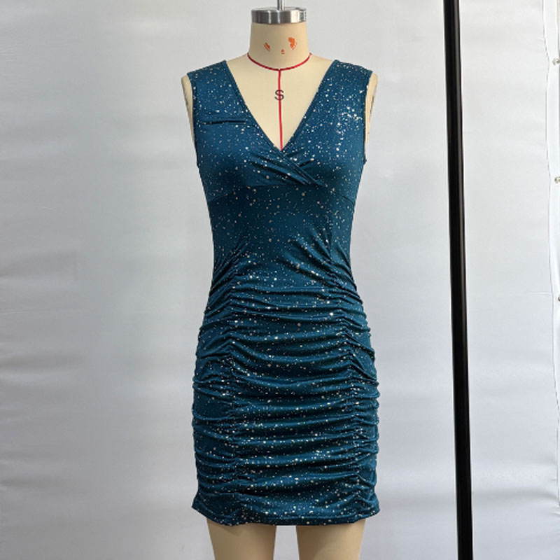 Robes pour femmes nouveau sans manches col en v paillettes femmes robe mince Sexy paquet hanche robe femmes robes De Verano Mujer 2025 Q808