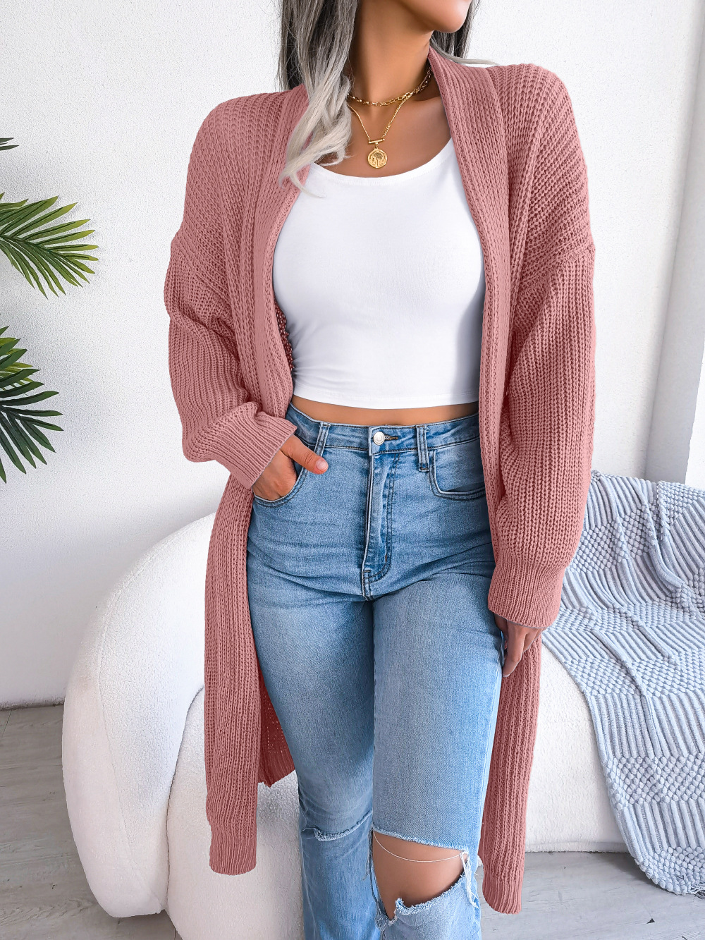 Cardigan tricoté à col châle pour femme, couleur unie, pull pour automne et hiver, manteau de vacances décontracté
