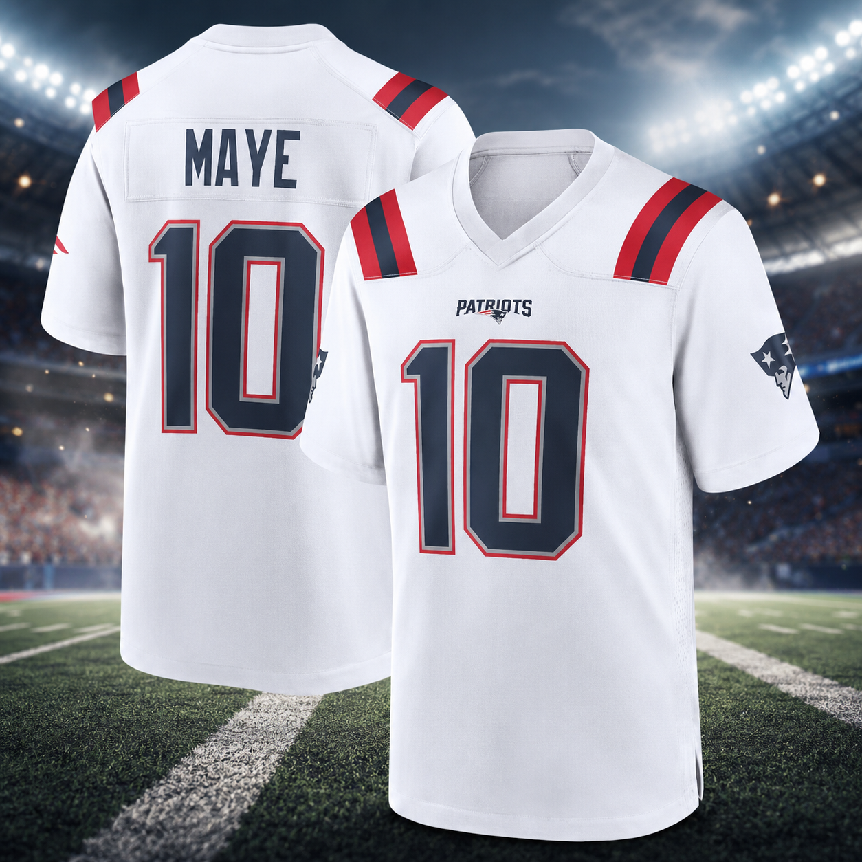 Maillot de football Patriots Maye n°10 à impression double face, uniforme de jeu à manches courtes et col en V pour hommes, maille respirante à motif œil d'oiseau, soutien pour les supporters.