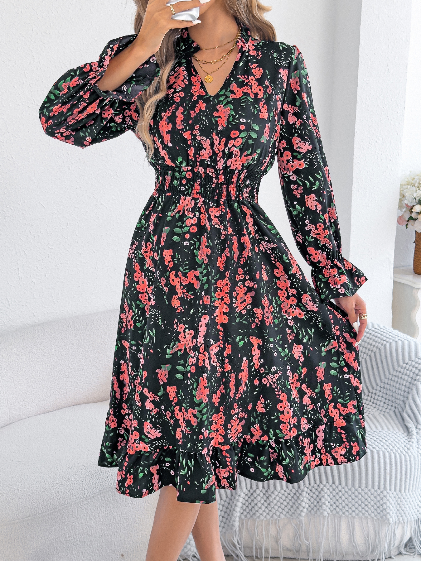 Robes élégantes à imprimé floral pour femmes, collection automne-hiver 2026, décontractées, col en V, manches longues évasées, robe trapèze à volants