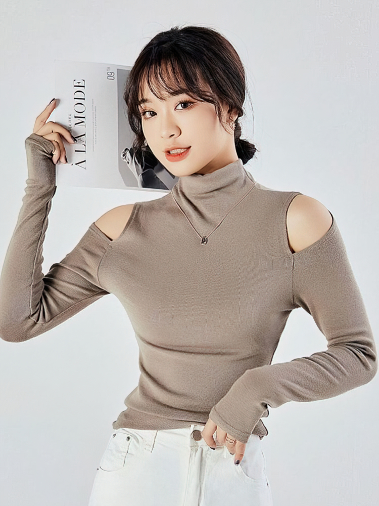 Coréen automne hiver col roulé Tops basiques femmes Sexy épaules nues à manches longues épais polaire t-shirt mode noir t-shirts dame
