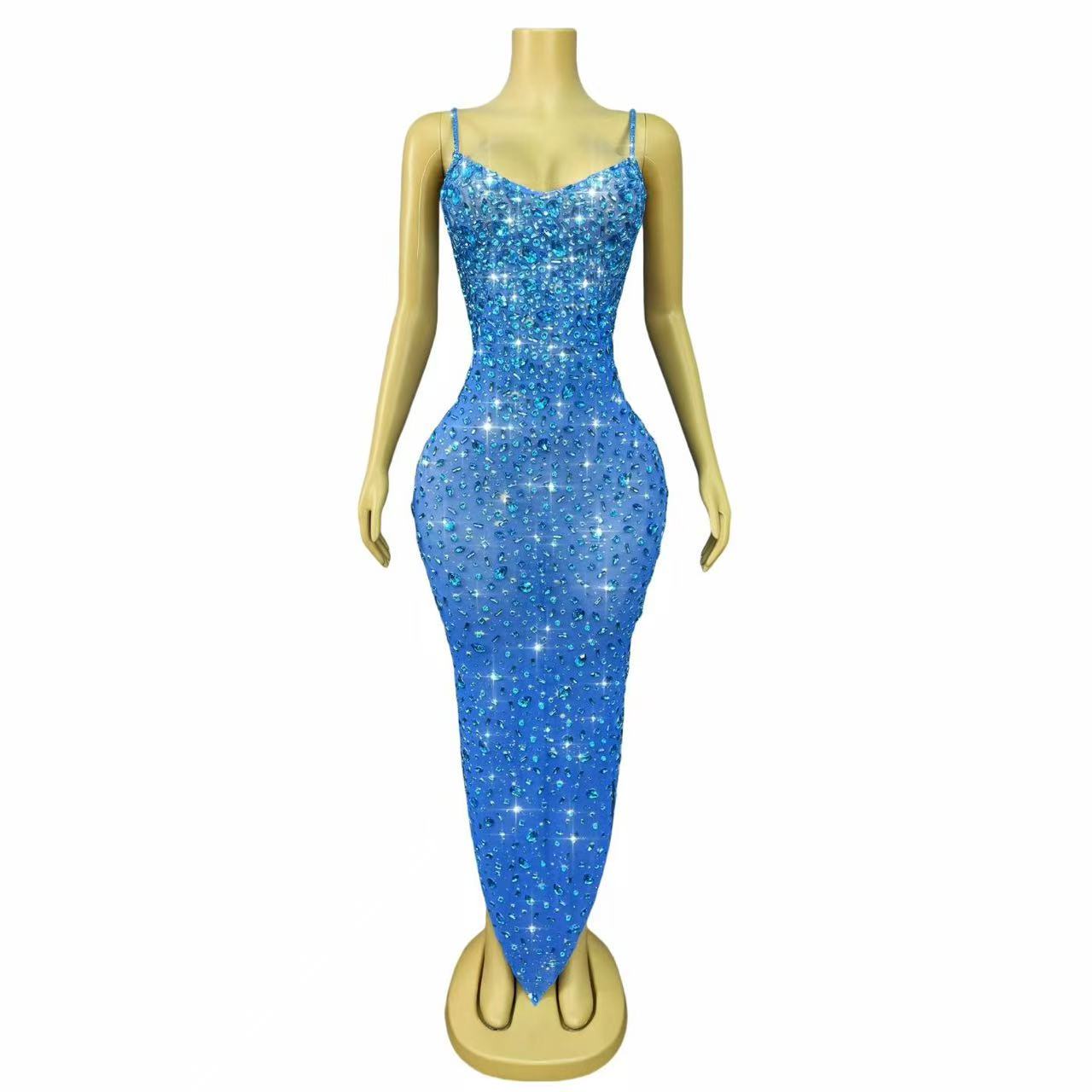 Robe de soirée de luxe pour femme, tenue de scène ou de club, avec strass et maille transparente, style moulant et sexy, idéale pour les tapis rouges et les cocktails.