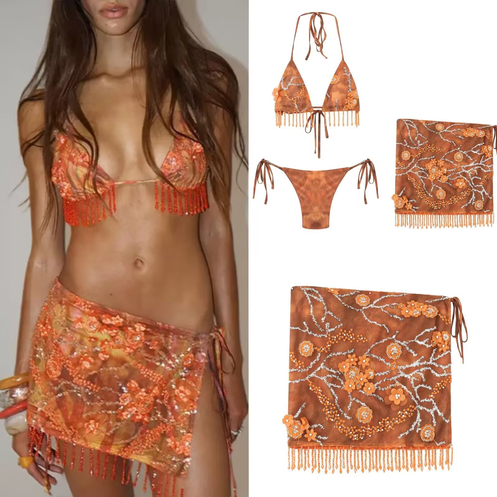 Bohème deux pièces ensemble Bikini pour femmes perle frange florale brodée Sexy col en V profond vacances à lacets jupe maillots de bain maillot de bain