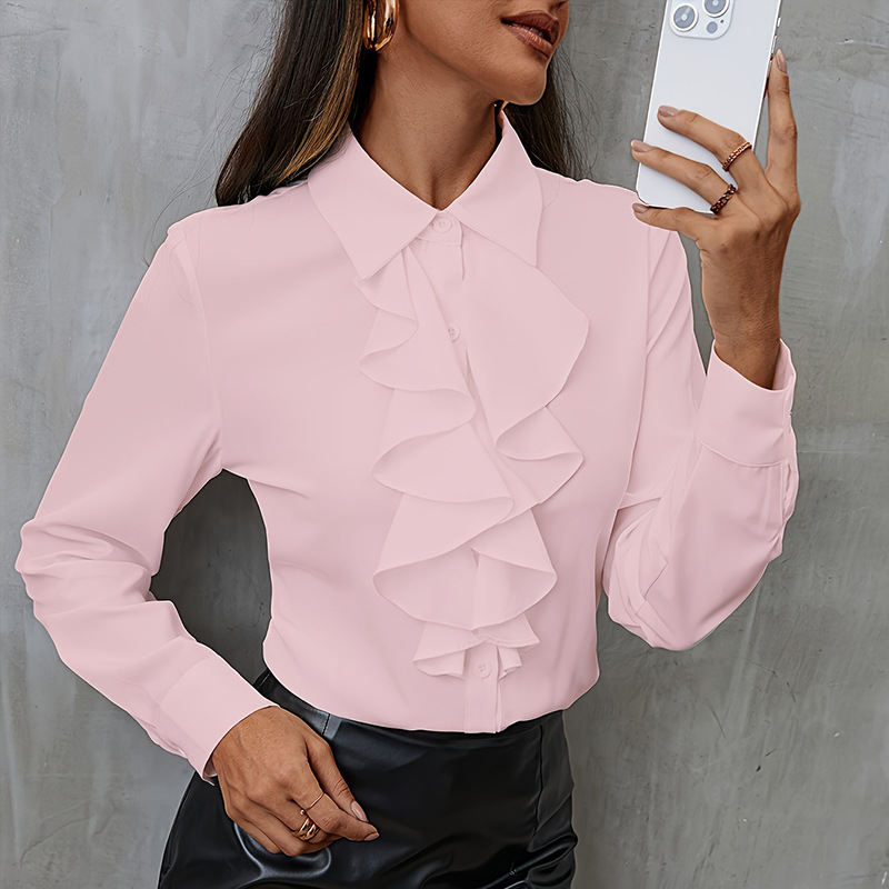 Chemisier Élégant pour Femme à Volants, Hauts Tendance à Manches Longues, Blouses Stylées pour le Travail (OL), Chemises Blanches Féminines, Blusas