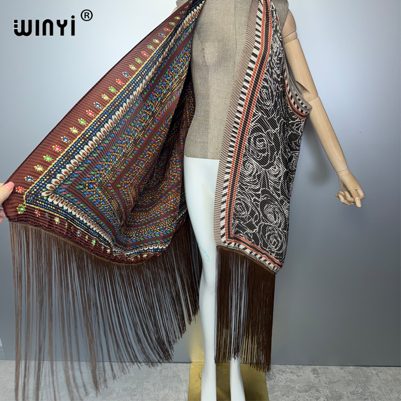 WINYI Cardigan plissé à franges pour femmes, imprimé bohème, robe de plage, caftan, vêtement de plage de luxe, abaya Dubaï