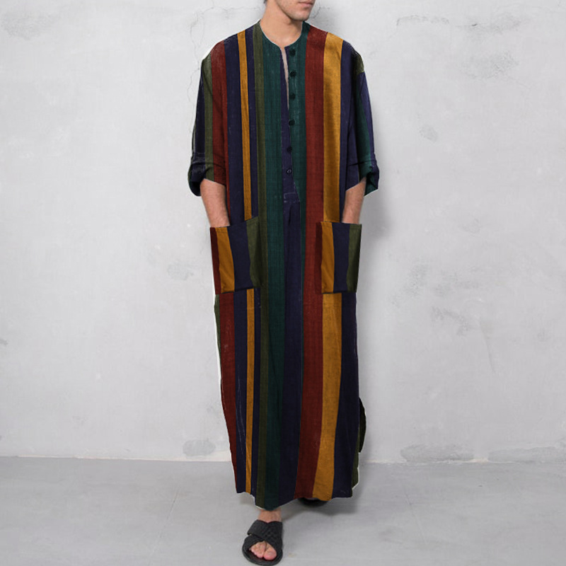 Robe musulmane islamique pour hommes, couleur unie, manches courtes, classique, imprimé à rayures, Style ethnique arabe de dubaï, Robe formelle décontractée, nouvelle collection