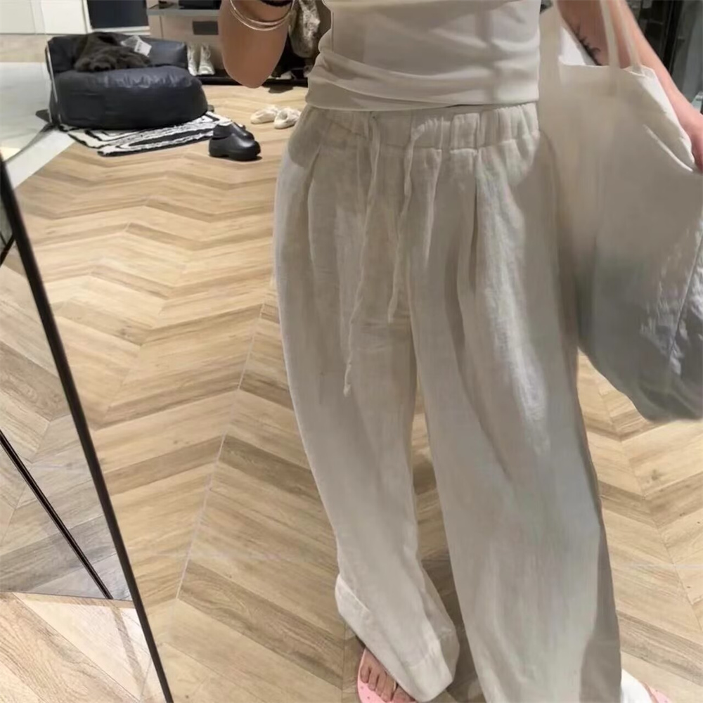 Pantalon décontracté en coton et lin de style coréen, taille élastique, doublé, blanc, coupe ample, long, pour femme, streetwear