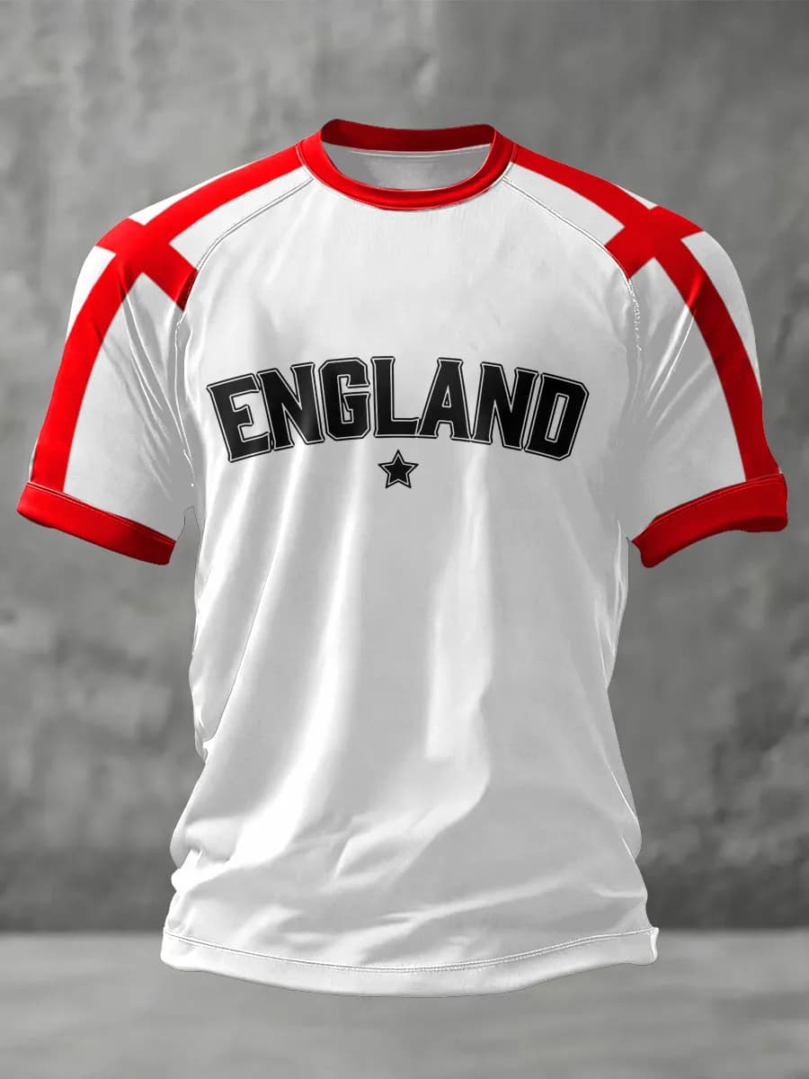Nouveau maillot de football pour hommes Angleterre 2026, col ras du cou, manches courtes, col et poignets rayés bleu marine, t-shirt sportif pour supporters nationaux.