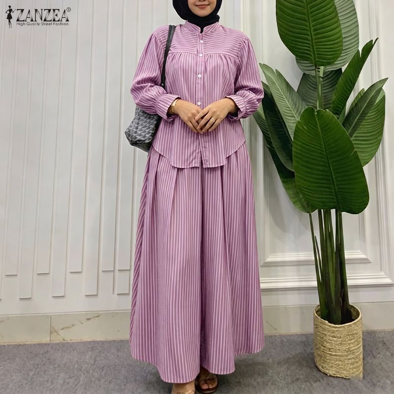 Tenues musulmanes ZANZEA, ensembles de 2 pièces, mode féminine, robe longue à rayures, ensembles de chemises à col montant, jupe, costume islamique