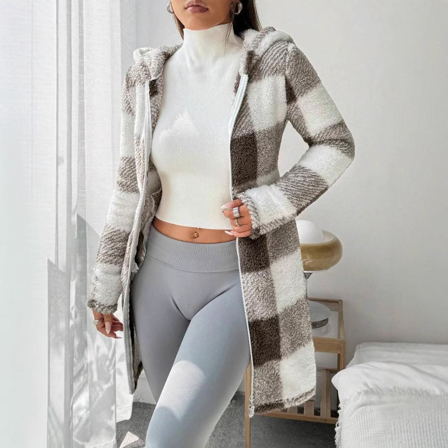 Femmes manteaux hiver Manteau hiver chaud en peluche poche Manteau femmes Plaid imprimé à capuche longue fermeture éclair Cardigan Sobretudo Feminino Inverno