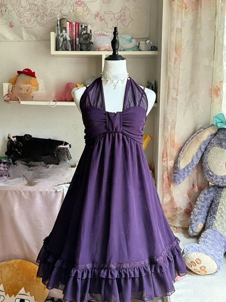Robe Vintage Kawaii Élégante pour Femme, Col Halter, Buste Froncé, Ourlet à Volants en Dentelle Superposée, Robe Romantique Quotidienne ou de Soirée, Vêtement Féminin