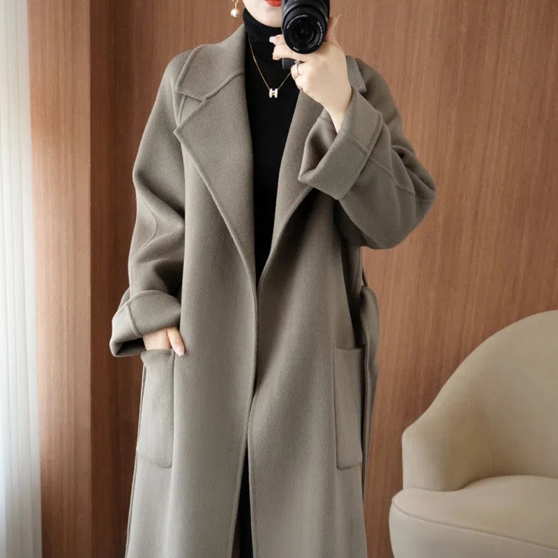 Manteau 100 % Laine pour Femme, Collection Automne/Hiver 2026, Tendance et Élégant, Manteau Long en Cachemire Double Face avec Ceinture