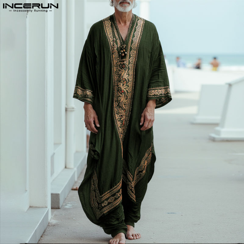 INCERUN hommes Jubba Thobe impression Patchwork col en V à manches longues hommes Robes caftan musulman en vrac 2025 arabe décontracté hommes Caftan Abaya