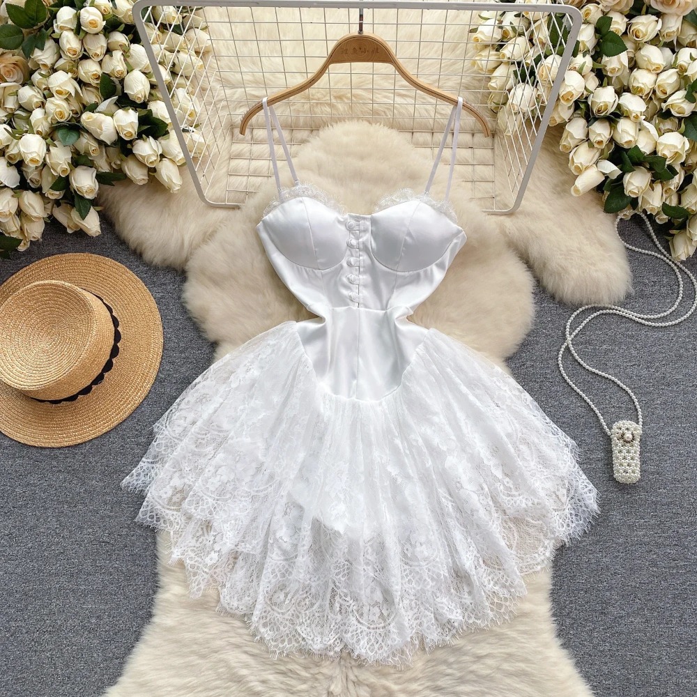 Robes Sexy en maille et dentelle pour femmes, col licou, basique, simple boutonnage, sans manches, Chic, à volants, taille fine, vêtements pour femmes