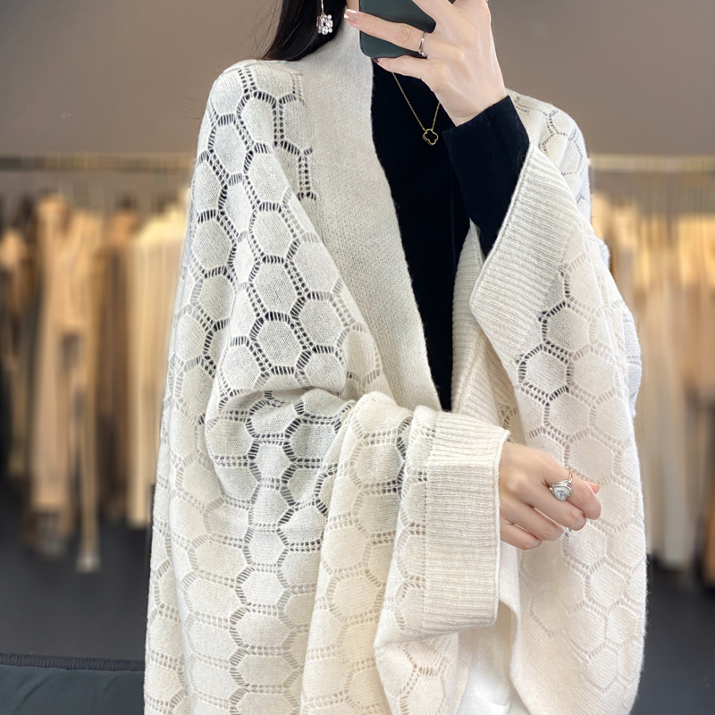 Cardigan en laine mérinos 100% pour femmes, nouvelle mode printemps, doux et élégant, écharpe tricotée ajourée, design sphérique, châles de style coréen