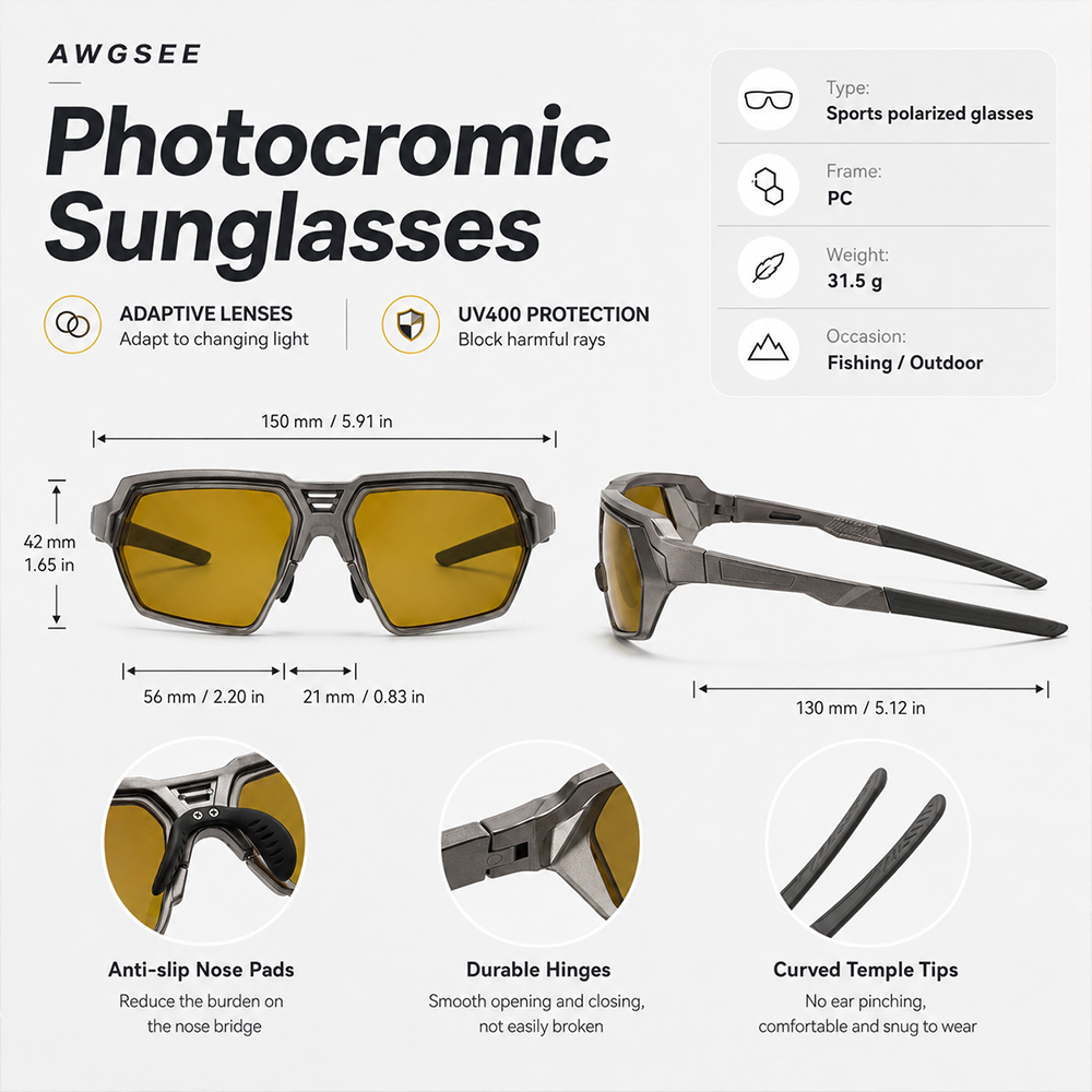 Lunettes de soleil polarisées photochromiques pour hommes, UV400, lunettes de sport, coupe-vent, pour la pêche, la conduite, le cyclisme, la moto, l'extérieur