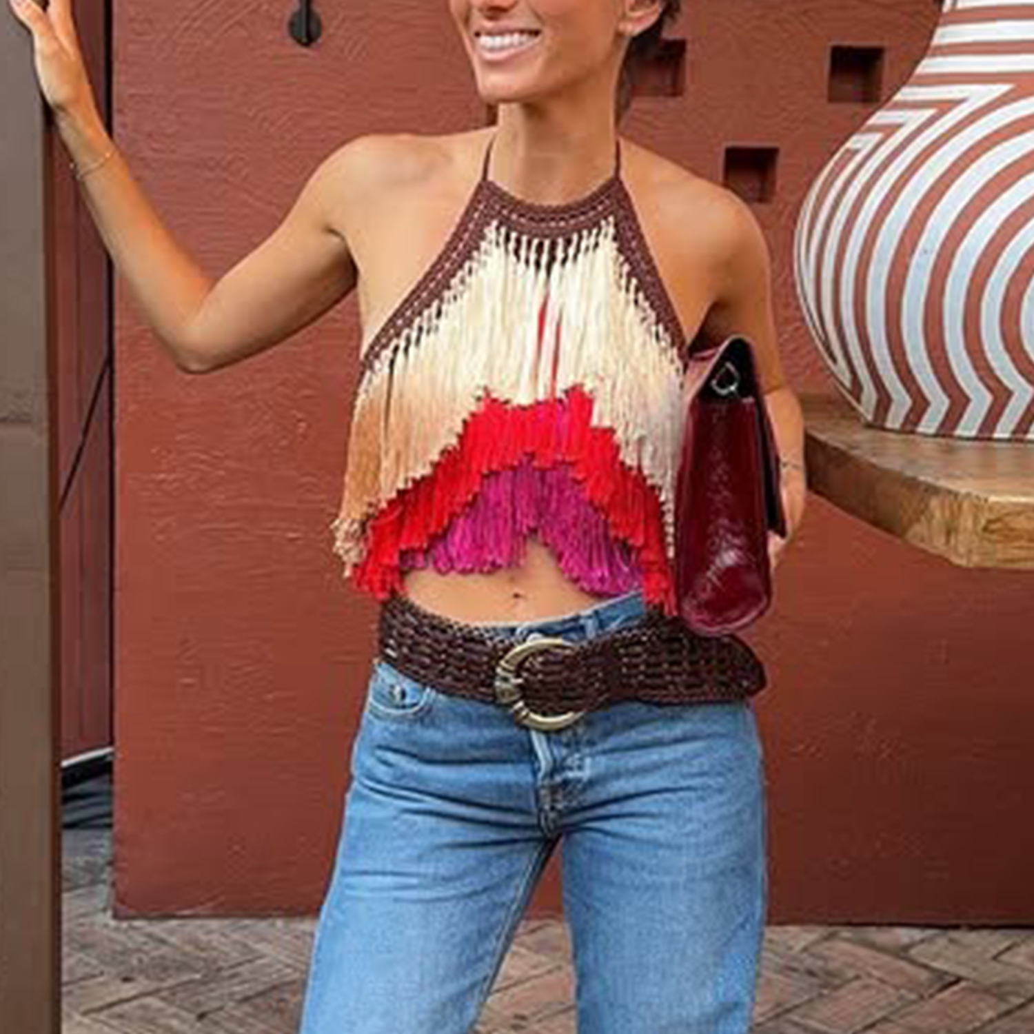 Nouveauté 2026 – Débardeur court en tricot pour femme, style bohème sexy, dos nu, sans manches, avec franges, couleur contrastante, idéal pour l'été et les festivals