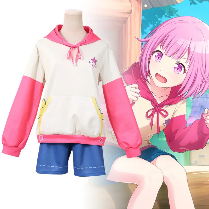 Costume de cosplay Anime Project Sekai Otori Emu, ensemble à capuche et short rose pour femme, idéal pour les fêtes, Halloween, les uniformes de jeu et les tenues quotidiennes