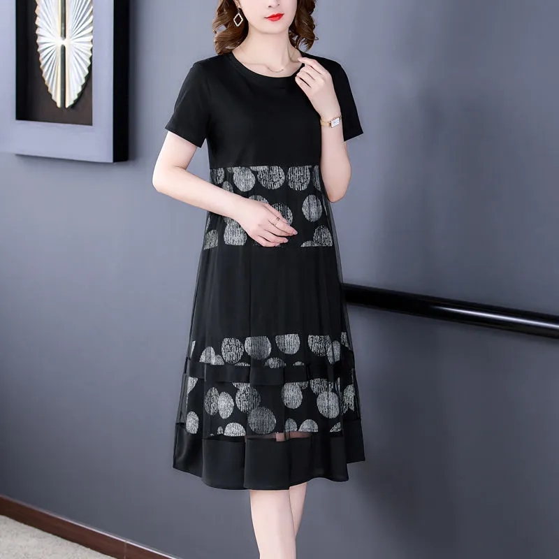 Robe imprimée à manches courtes pour femmes, grande taille, faux deux pièces, mère, mode, femme d'âge moyen, noir, 4XL, été, nouveau