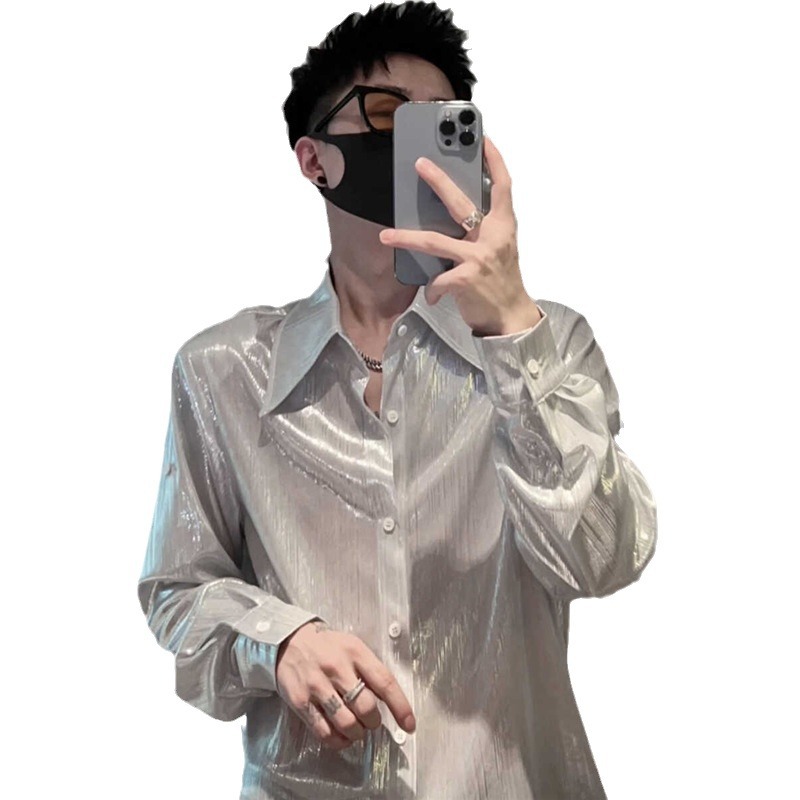 Chemises coréennes fines et lisses pour hommes, style été, col uni, simple boutonnage, streetwear tendance, coupe ample, manches longues