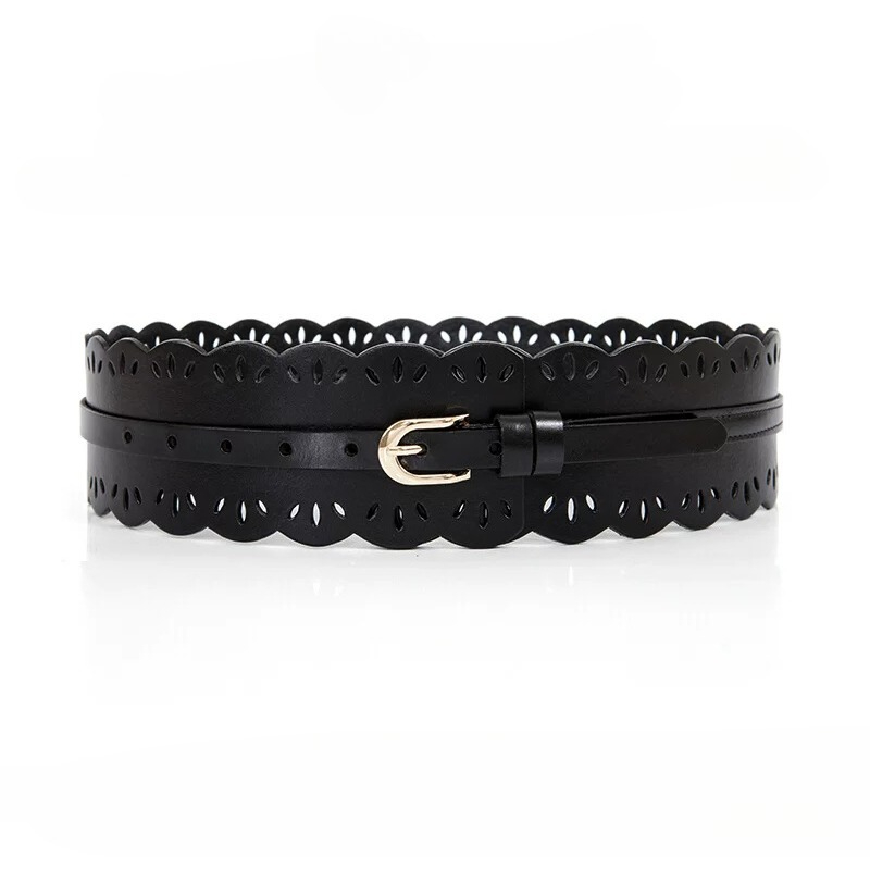 Ceinture large pour femme de 7 cm en cuir de vachette première couche, motif ajouré, boucle ardillon, accessoire de mode italien fait main