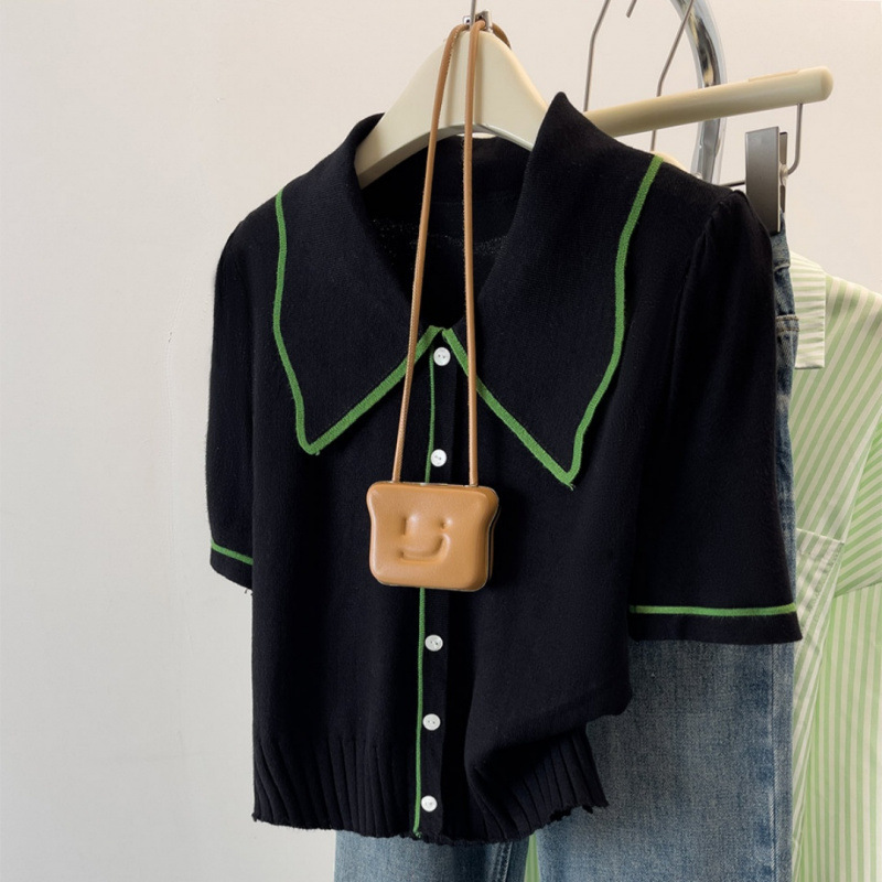 Cardigan Vintage de Style français pour femmes, vêtements d'été amples et décontractés à manches tricotées, t-shirts courts pour dames, grande taille, col rabattu