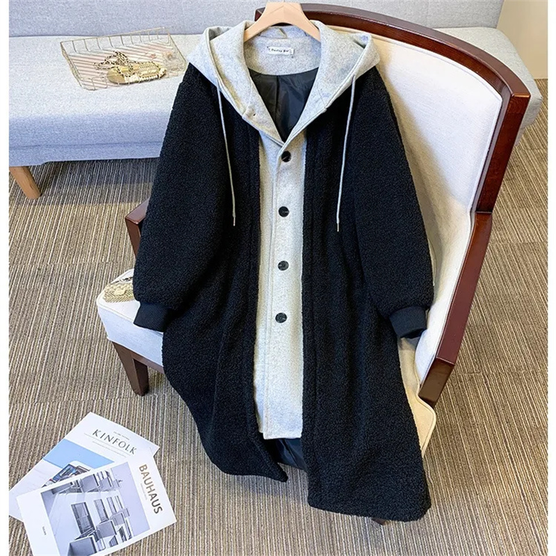 Manteau à capuche en laine d'agneau pour femmes, veste mi-longue, pardessus décontracté, mode coréenne, automne, hiver, nouveau