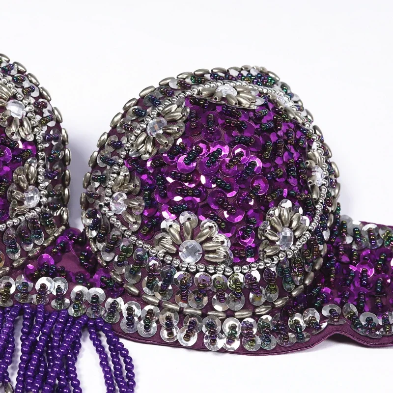 Ensemble de danse 2 pièces pour femme, style oriental, avec soutien-gorge et ceinture ornés de paillettes et de strass, pour spectacle