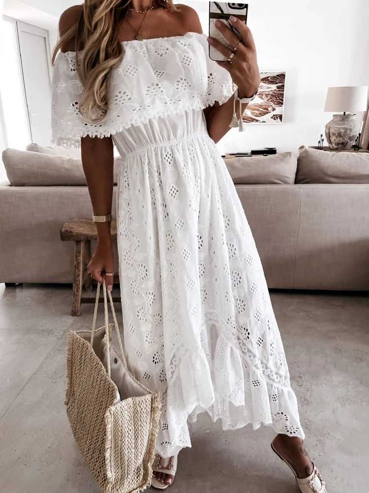 Femmes bohème blanc robe longue à manches courtes épaules dénudées dentelle à volants robe ample vacances d'été plage robes décontractées femme