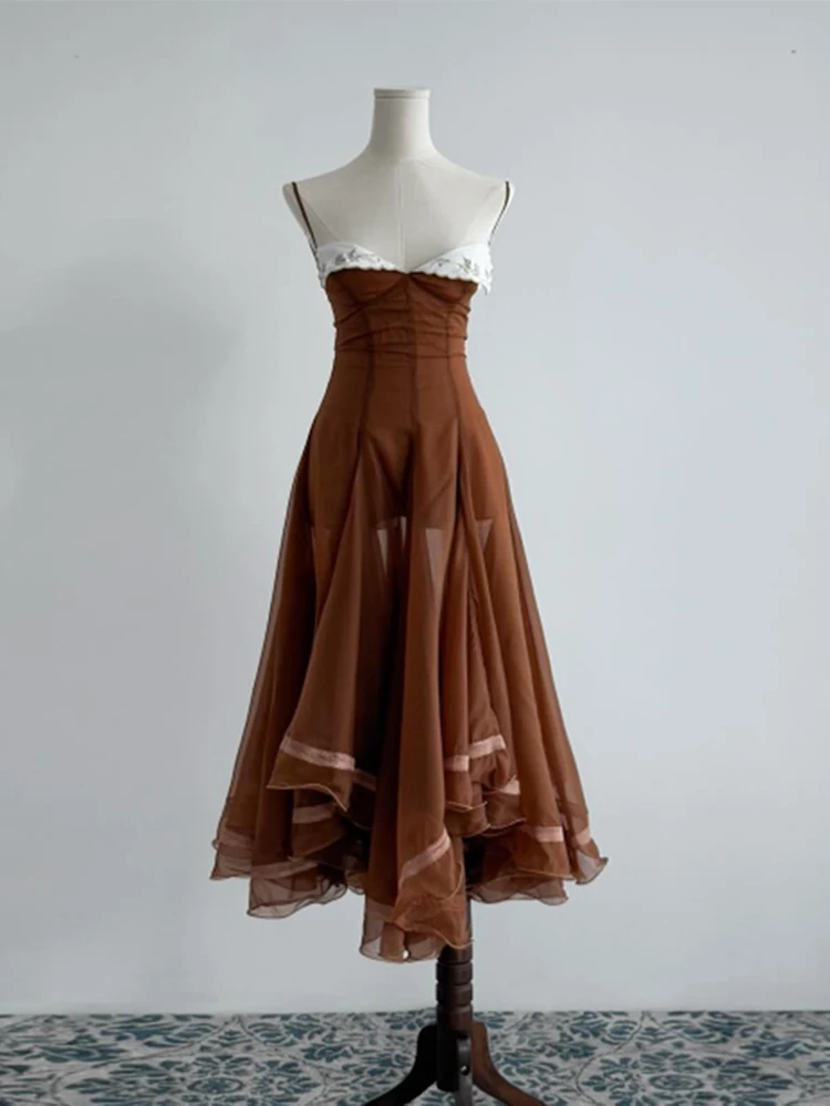 Robe de bal chic en mousseline pour femme, élégante, à fines bretelles, ourlet à volants, coupe trapèze, pour l'été 2026, idéale pour mariage et soirée