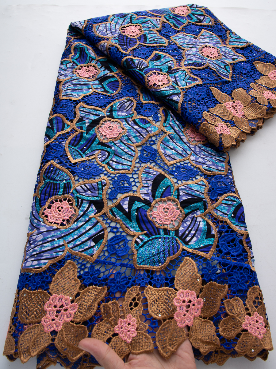Tissu en dentelle cirée africaine 100 % coton avec paillettes, 5Y, dentelle cordonnée 3D brodée douce et tendance pour robes féminines, dentelle à broder pour la couture