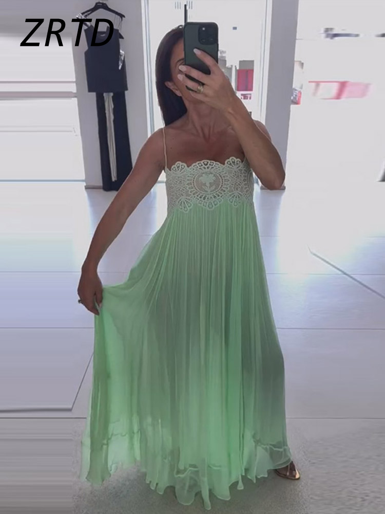 Robe longue d'été pour femme en dentelle florale, transparente, ajourée, plissée, à fines bretelles spaghetti, coupe ample, verte, 2026