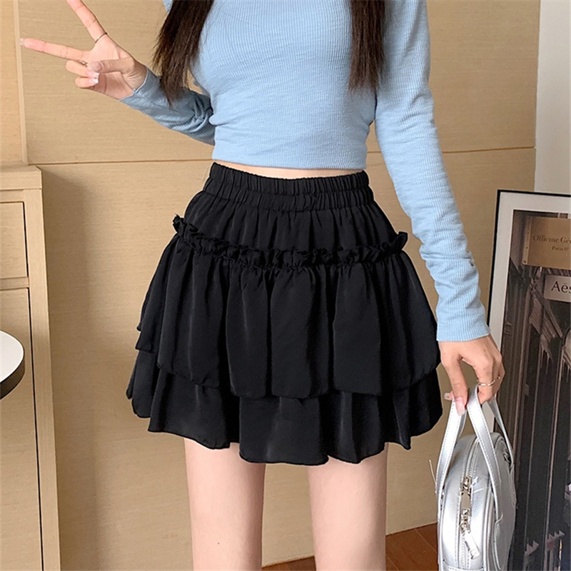 Été Kawaii blanc volants jupe femmes mode coupe ajustée en mousseline de soie Mini jupes Giris Y2k tout Match élastique taille haute noir Faldas