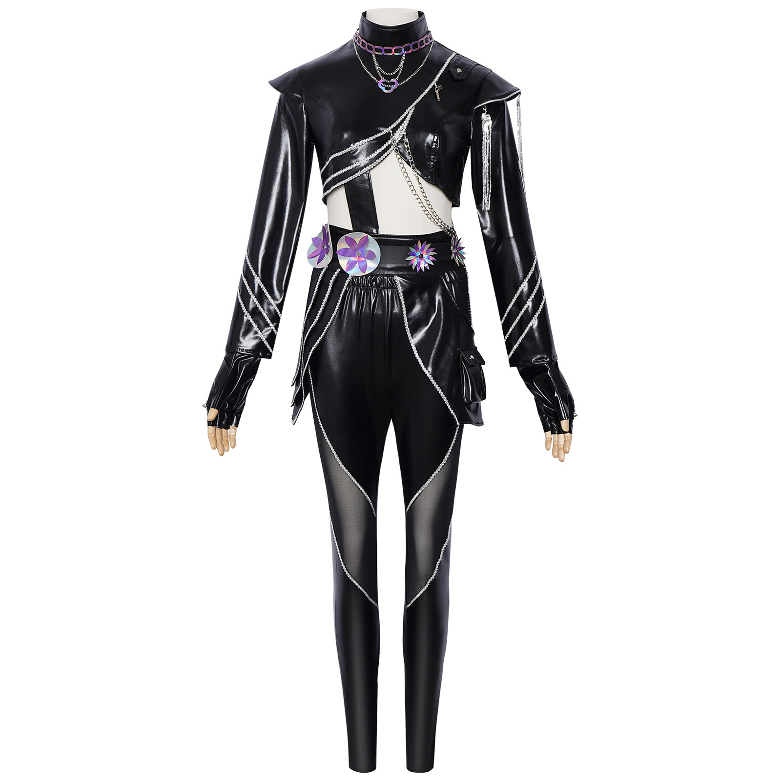 Tenues Kpop pour femmes, ensemble en cuir PU noir et violet, style Y2K cyberpunk streetwear, sexy, patchwork en mesh, costume de performance de danse jazz